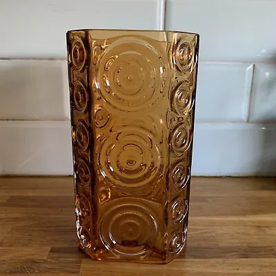 Buy Vintage Dartington Crystal Vase Square Shape Circle Pattern Amber Colour Large • 30£