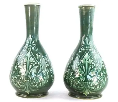 Buy Pair Antique Doulton Lambeth Bottle Vases White Paste Over Green Ground • 199.99£