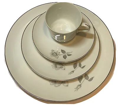 Buy 4-piece Place Setting Queens Royal China Gray Rose Platinum Trim (4 Available) • 14.39£