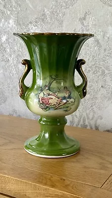 Buy Vintage Staffordshire KLM Vase Green W/ Pastoral Scenes Small Chip 25cm  Tall • 17£
