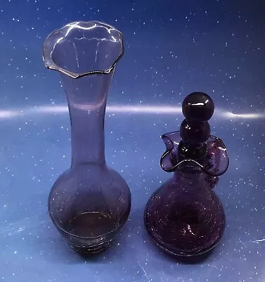 Buy Vintage Purple/Lavender Colored Crackle Glass Decanter W/Stopper & Matching Vase • 23.47£