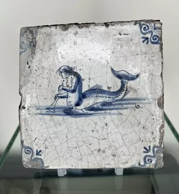 Buy Antique 17th Century Delft Sea Creature / Trumpet Mermaid Tile - Salvage • 135£