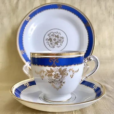 Buy VINTAGE Tuscan English Bone China Tea Cup Saucer And Plate Trio Set Blue Gold #3 • 17.99£