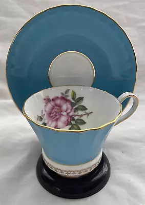 Buy AYNSLEY England Turquoise Tea Cup And Saucer Bone China Gold Rim Floral Rose • 28.29£