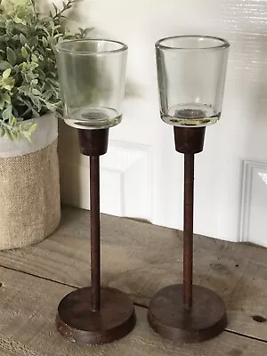 Buy Metal And Glass Candlesticks Rustic Brown Colour For Tea Light Or Small Votive  • 14£