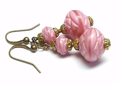 Buy Vintage Deco Pink Moulded Satin Glass Rose Bead Earrings To Match 30s Necklaces • 14.99£