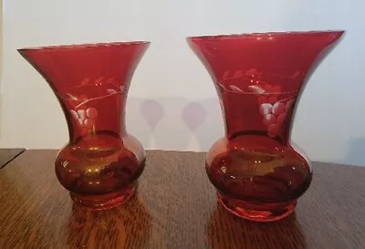 Buy Ruby Red Glass Matching Pair 3.5  Vases Etched Clear Grapes • 18.29£