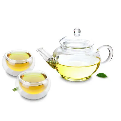 Buy 3in1 Mini Tea Set - 250ml Heat Resistant Glass Teapot + 2x Double Wall Cups • 12.61£