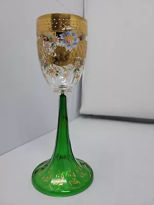 Buy Antique Bohemian Moser Wine Glass W/ Green Trumpet Stem 19th Century #2 • 199.80£