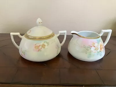 Buy Royal Bavarian China Germany Bowl Hand Painted Sugar Bowl , Creamer Pink Flower • 13.23£