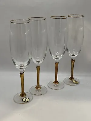 Buy VTG Bohemia Glass Flute Czech Republic Set Of 4 Crystal Champagne Glasses Gold • 42.76£