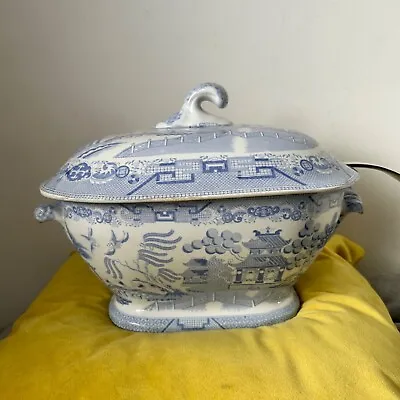 Buy 1880 Staffordshire J Meir Blue & White Willow Pattern Large Serving Dish & Ladle • 45£