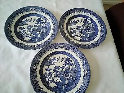 Buy 3 X Churchill England Vintage Blue Willow Pattern Pottery 9.5 Inch Dinner Plates • 11£