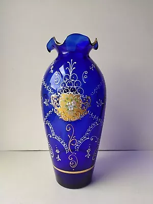 Buy Large Bohemian Czech Cobalt Blue Art Glass Handpainted Vase. 36cm Tall • 50£
