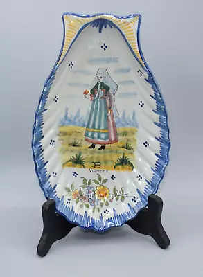 Buy Antique Hb Quimper Folk Art Shell Shape Dish Traditional Breton Lady And Flowers • 12£