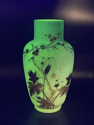 Buy 19th Century Bohemian Art Glass Blue Vase Enamel Spiderwebs Spider Harrach Glow • 331.39£
