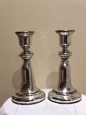 Buy Pair Of Mercury Glass Silver Taper Candle Holders 23cm Ideal  Valentines • 12£