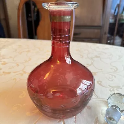 Buy Vintage  Cranberry Decanter, Acid Cut And Etched Circa 1920 With Clear Stopper • 40£