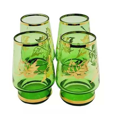Buy Set 4 Bohemian Liquor Cordial Green Glasses Gold Leaves Rim & Base 2.5  High • 9.47£