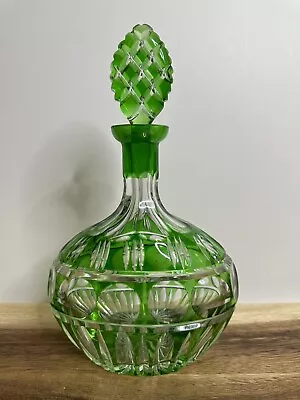 Buy Vintage Bohemian Green Cut To Clear Glass Decanter • 118.40£