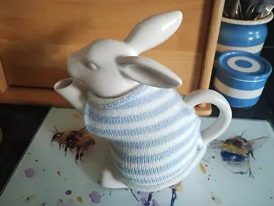 Buy White Rabbit Teapot Cute White Pottery Bunny With Blue Stripey Tea Cosy Jumper • 17£