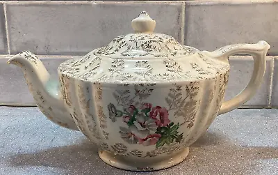 Buy Vintage Porcelain Sadler Teapot - Cream And Gold Trim, Rose Floral • 14.40£