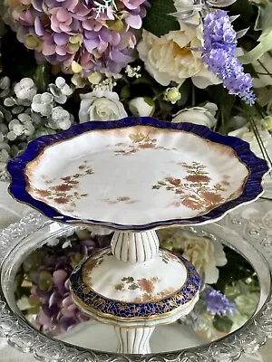 Buy Antique Hammersley (?) Cake Stand Comport Tazza Cobalt: Pink Flowers; Spray Gold • 35£