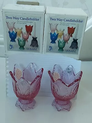 Buy Pair Of Fenton Glass Two Way Candle Holders Reversible Boxed New Dark Pink Xmas • 15£