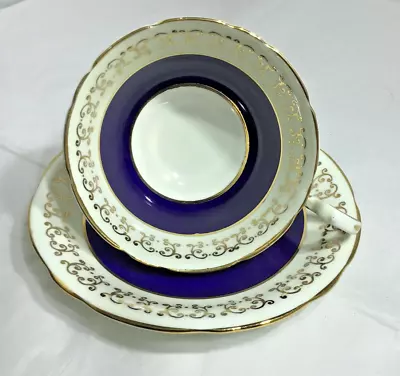 Buy Vintage Aynsley Bone China Gold And Cobalt Blue Teacup Cup With Saucer • 57.62£