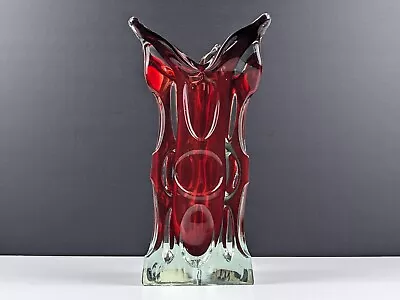 Buy Karlovarske Sklo Chunky Brutalist Triangular Red Clear Glass Vase, Mstisov Moser • 65£