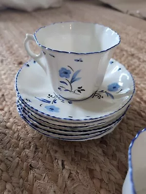 Buy Victoria C & E Bone China Tea Set 6 Plates 6Saucer 5Cup Milk White Blue Flowers  • 10£