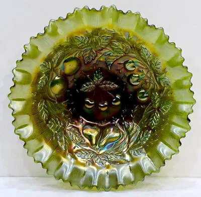Buy Antique NORTHWOOD Green THREE FRUITS Carnival Glass Bowl / INCREDIBLE COLOR! • 56.74£