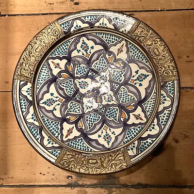 Buy Vintage Moroccan - Moorish  Hand Painted  Clay Bowl/Dish W/ Brass Embellishment • 137.57£