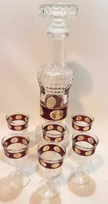 Buy Retro Cranberry And Gold GLASS Decanter 6 Glasses ITALIAN Aperitif Sherry • 34.95£