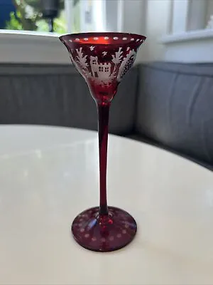 Buy Antique Egermann Bohemian Ruby Red Long Stemmed Glass Cup Cordial W Fox, Castle • 70.06£