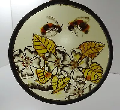 Buy Stained Glass Panel: Bees With Roses. Circular, 100mm Diam. With Hanging Loop • 14.75£