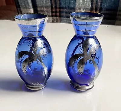 Buy Pair Cobalt Blue Glass Bud Vases With Sterling Silver Overlay, Vintage Palm Tree • 16£
