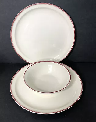 Buy Irish Farmhouse Pottery Maroon Rimmed Dinner Plates Set Of 2 And 1 Cereal Bowl • 17.96£