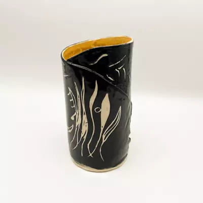 Buy Art Pottery Vase - Black, Yellow Interior, Handmade Abstract Design, Floral • 72.04£