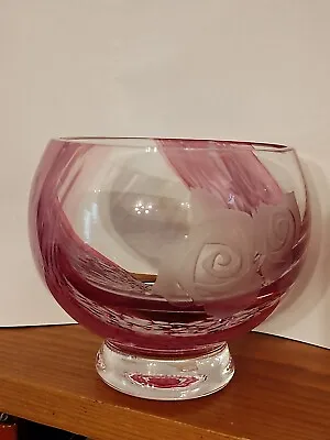 Buy Vintage Caithness Glass  Etched Rose Pattern Pink/ Clear Bowl • 14.99£