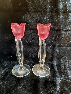 Buy 2 Pink Frosted Glass Tulip Crystal Candlestick Holders Mikasa 8  Vtg  • 26.01£