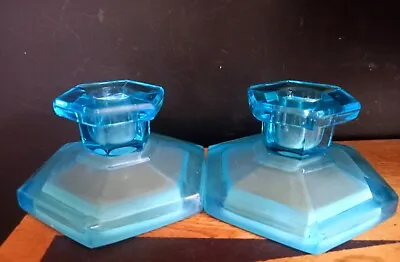 Buy Beautiful Art Deco Davidson Turquoise Glass Candlesticks • 17£