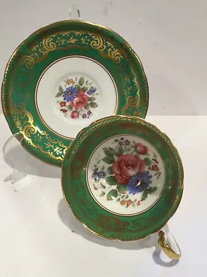 Buy Antique Aynsley England Bone China Porcelain Green/Gold Tea Cup & Saucer, Marked • 127.88£