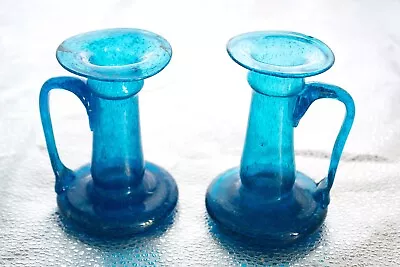 Buy Pair Of Antique Art Glass Chamber Stick Peacock Blue Candle Holders Venetian? • 35£