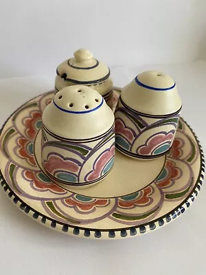Buy Vintage Honiton Pottery Cruet Condiment Set Salt Pepper Mustard Pots With Plate • 15£