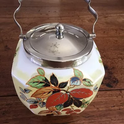 Buy Vintage Flosman Ware Biscuit Barrel Lustre Yellow With Coloured Leaves. • 12.95£
