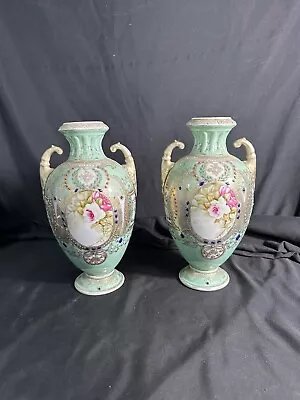 Buy Nippon Antique Porcelain Hand Painted Vases Set Of 2 9”H • 315.52£