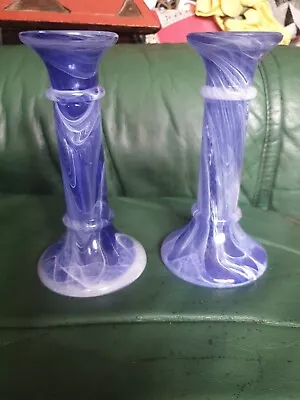 Buy Pair Of Blue With White Swirls Glass Candle Sticks • 15£