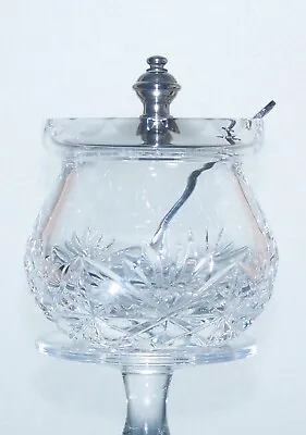 Buy Small Lead Crystal Cut Glass With White Metal Lid Mustard Pot & Spoon - 6cm • 10£