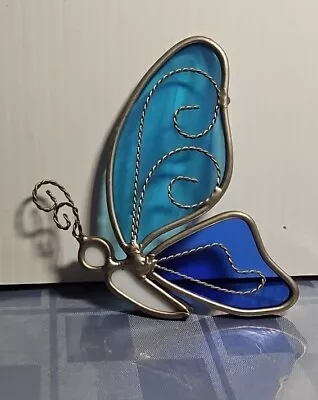 Buy Vintage Beautiful Blue White Stained Glass Butterfly Leaded Suncatcher Two Toned • 13.28£